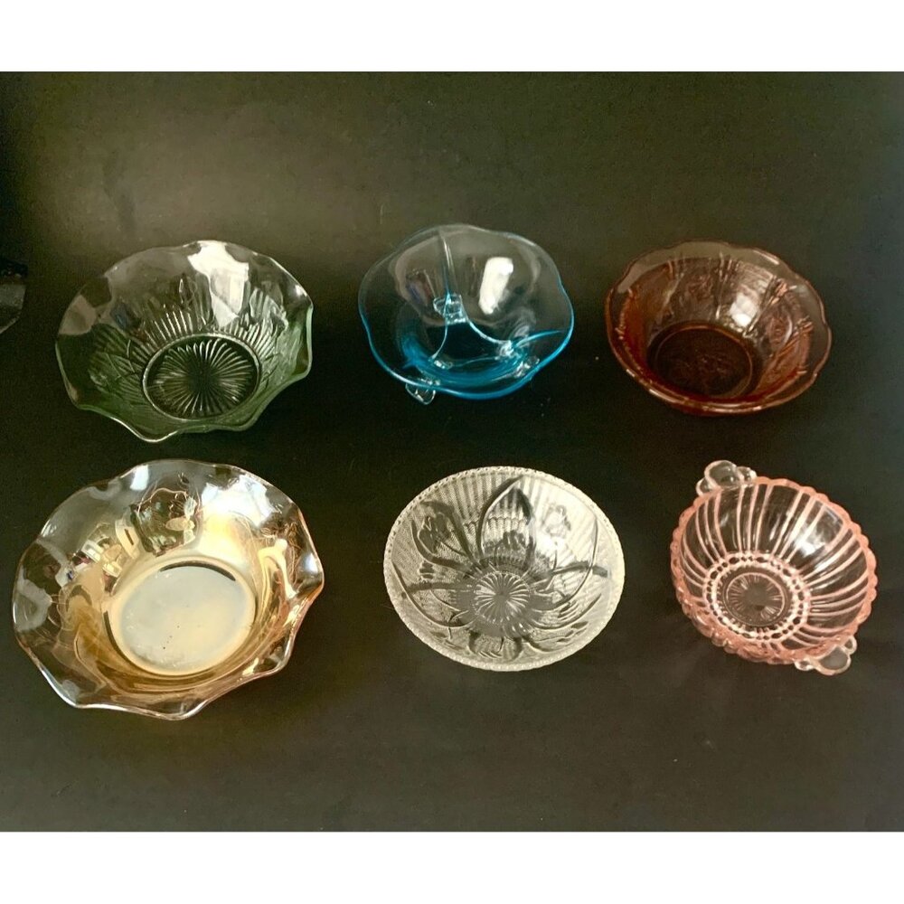 6 Mismatched Berry Bowls Depression Glass Iris Pink Iridescent Cherry Blossom